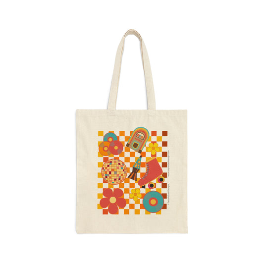 All 70s Checkered Inspired Disco Ball, Roller Skates, Vinyls, Juke Box, Lava Lamp Tote Bag