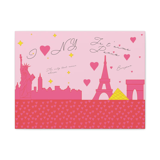 NYC x Paris (Pink Themed) size 24x18 Horizontal Matte Canvas stretched 1.25” |  the perfect Valentine’s Day and Galentine’s Day gift for the city-lover in your life | Valentine’s Gifts | Home Decor | Wall Art | Canvas