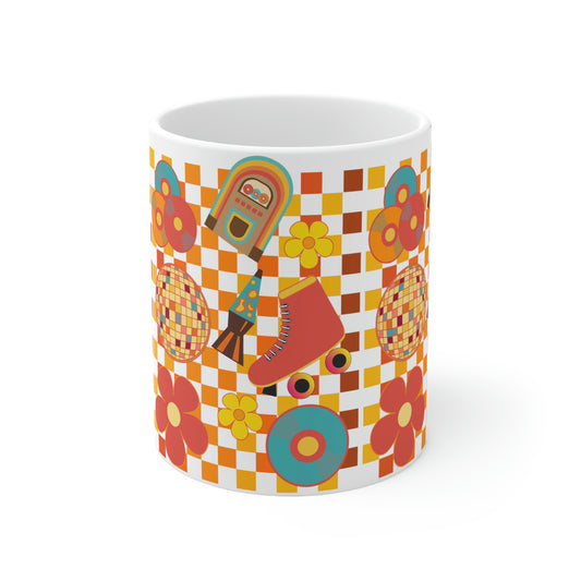 All 70s Checkered Inspired Disco Ball, Roller Skates, Vinyls, Juke Box, Lava Lamp 11 oz. Mug | Mugs