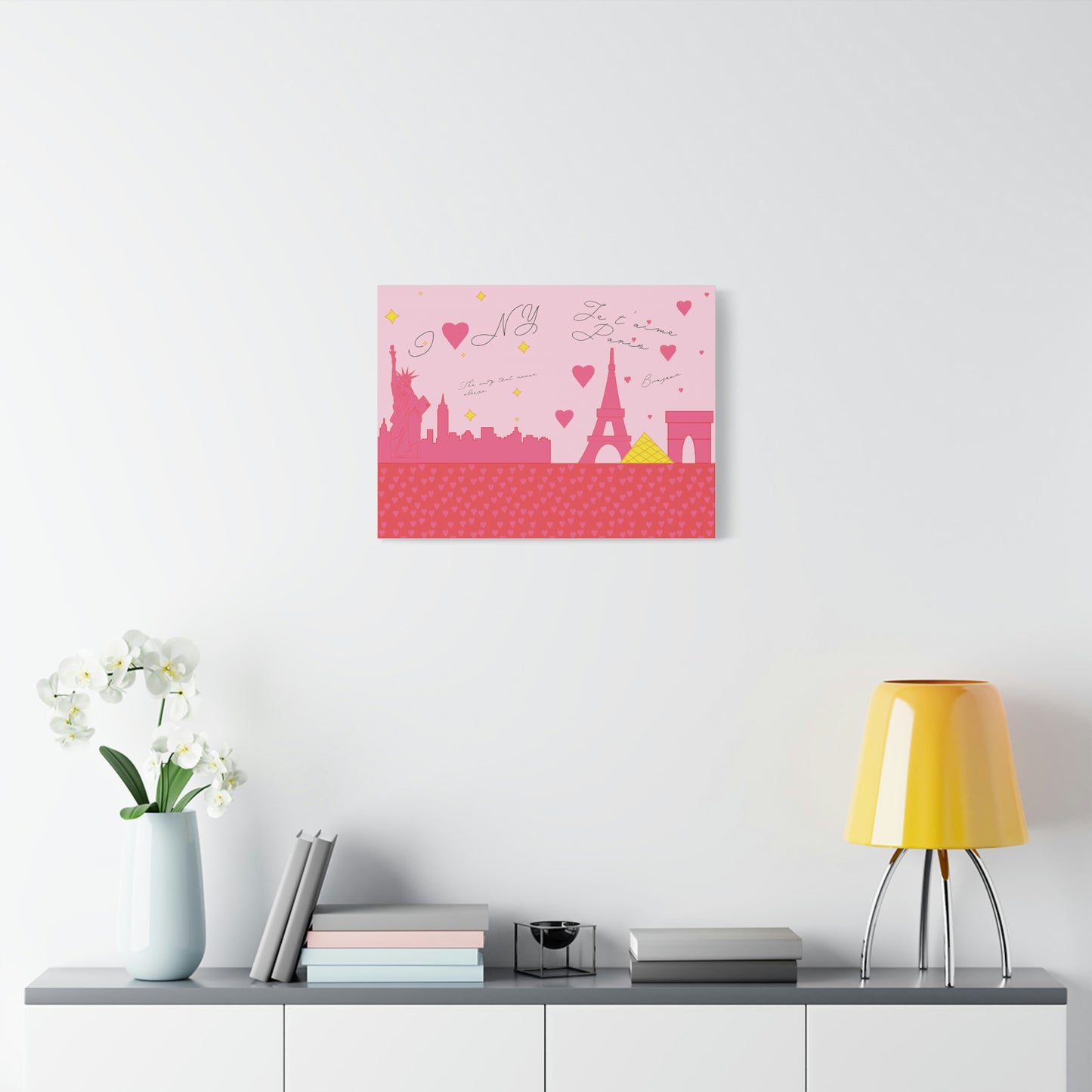 NYC x Paris (Pink Themed) size 24x18 Horizontal Matte Canvas stretched 1.25” |  the perfect Valentine’s Day and Galentine’s Day gift for the city-lover in your life | Valentine’s Gifts | Home Decor | Wall Art | Canvas